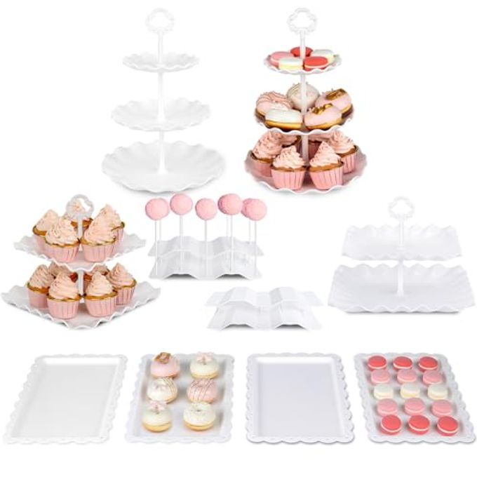 Pack of 10 NWK Dessert Stand Set with 2X Large 2-Tier and 2X Large 3-Tier Cupcake Stands, 4 x Appetizer Trays, 2 x Cake Pop Stands, for Birthday Baby Shower Party Decorations