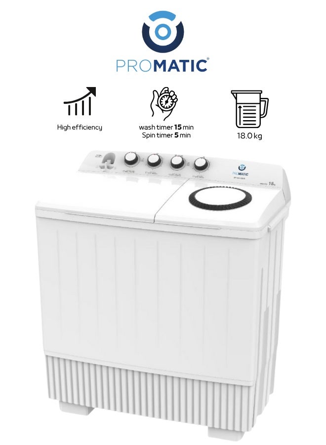 غسالة بروماتيك حوضين سعة 18 كيلو موديل NWT-018 — سعة ضخمة للاستخدام المكثف، فصل بين الغسيل والعصر، موفرة للماء والطاقة، مناسبة للعائلات الكبيرة والبيوت متعددة الأفراد