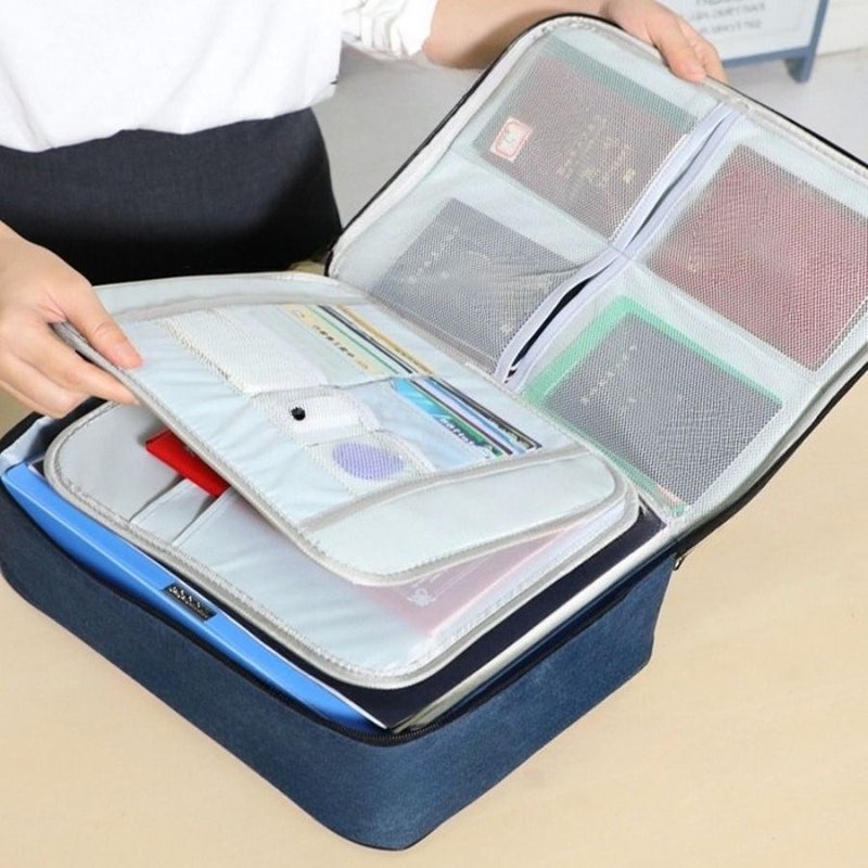 Blue Three Layers With Lock Multifunctional Multi Layer Document Storage Bag Large Capacity Travel File Organizer - Image 1