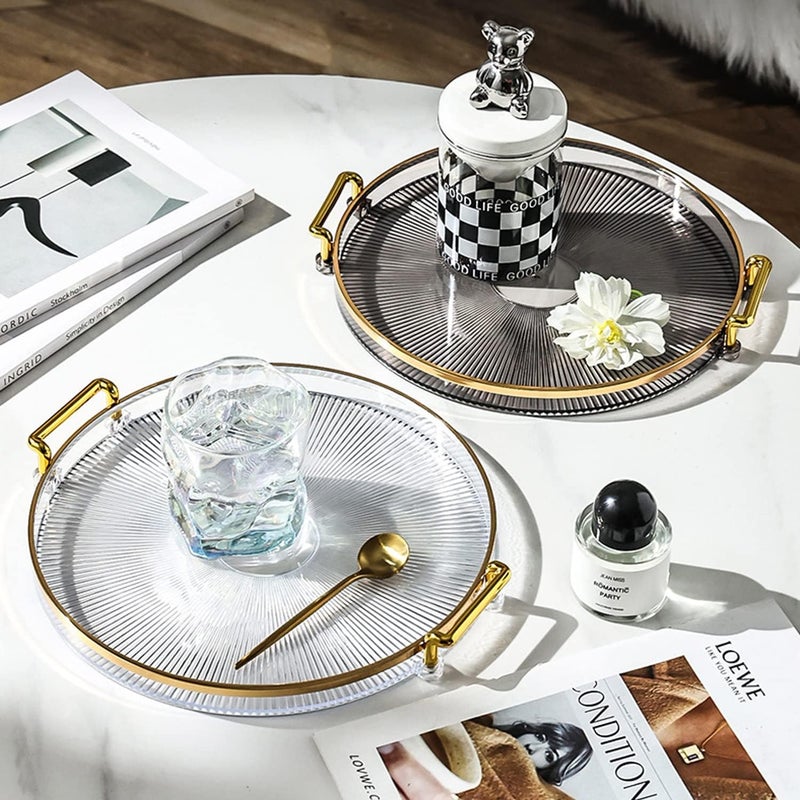 Calyrex Elegant Round Tray, with Gold Handle Multi Functional for Serving Fruit Serving Tray Golden Desserts Smoke Gray Tile and Convenient - Image 2
