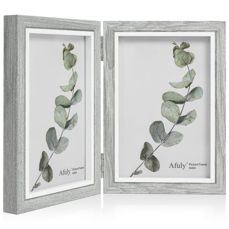 Afuly 4x6 Picture Frame Double Picture Frames 4 by 6 Grey Hinged Photo Frames Modern Wooden Frame Desk Vertical 2 Openings Display Gifts for Chirstmas Wedding Birthday Grandma Women Mom Friends