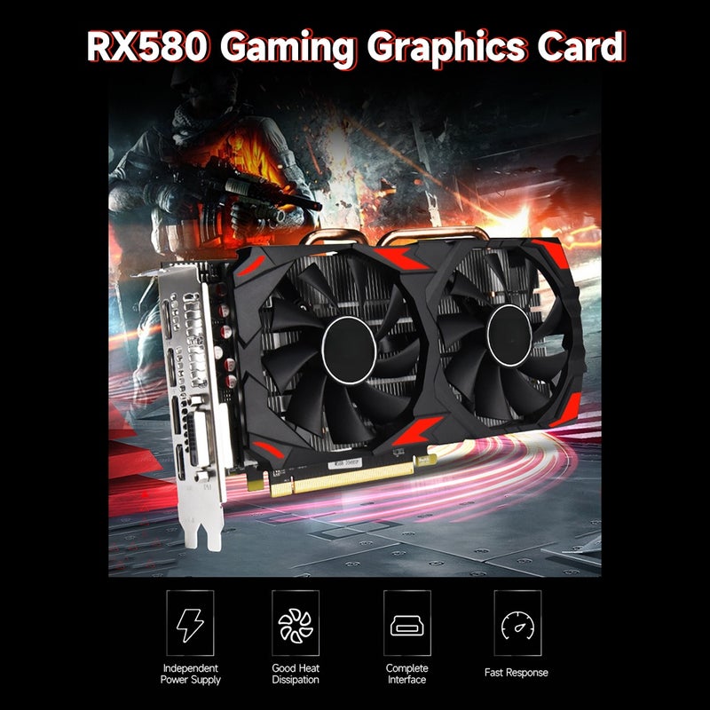 بطاقة الرسوميات للألعاب JINGSHA RX580 8GB/GDDR5/256بت ذاكرة تردد النواة 1257/1340MHz تصميم بمروحتين تبريد 3*DP+HD+DVI مداخل - Image 5