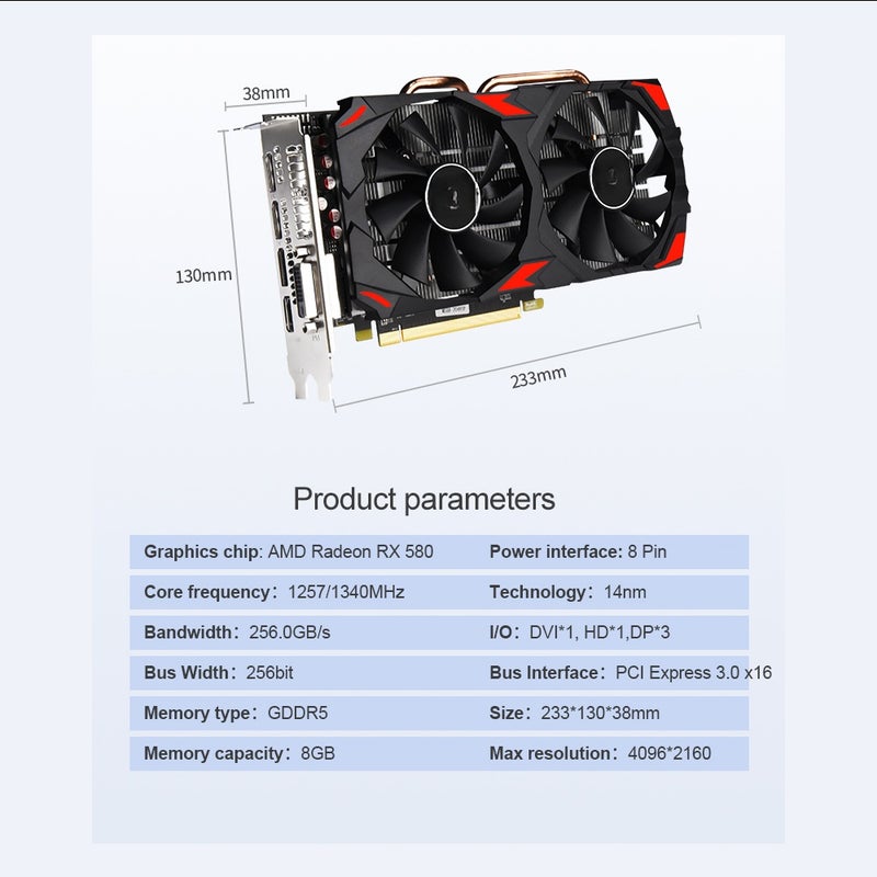بطاقة الرسوميات للألعاب JINGSHA RX580 8GB/GDDR5/256بت ذاكرة تردد النواة 1257/1340MHz تصميم بمروحتين تبريد 3*DP+HD+DVI مداخل - Image 4