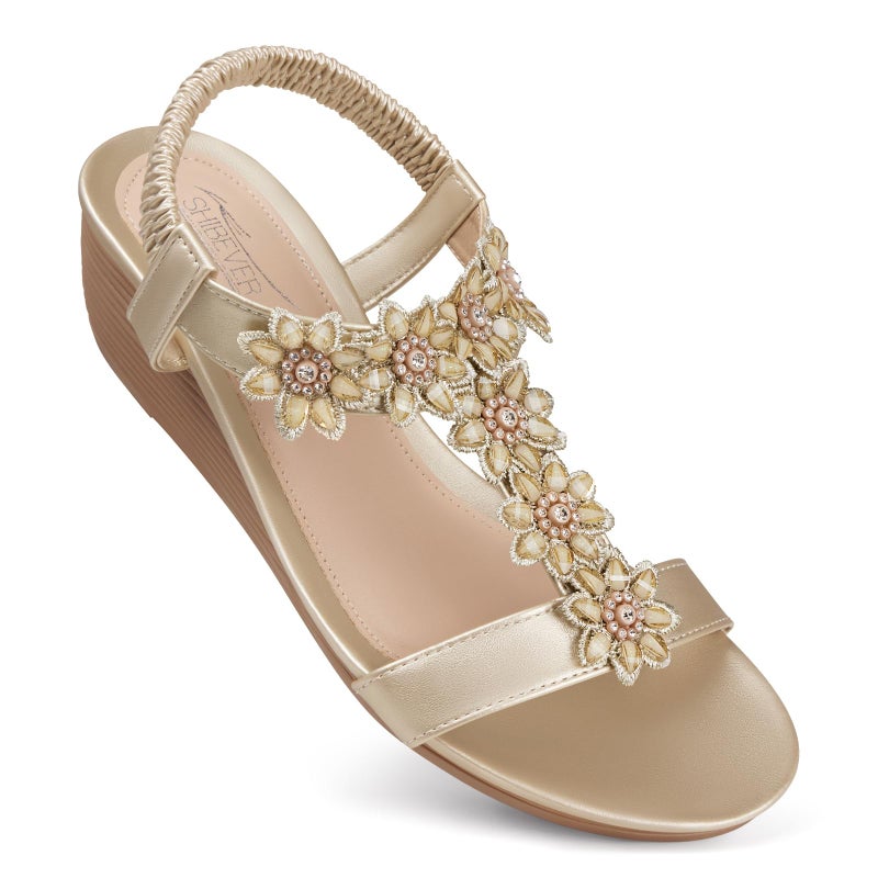 SHIBEVER Wedge Sandals for Women Dressy: Size 8 Summer Open Toe Dress Sandals - Comfortable Ankle Strap Low Wedges Womens Sandal Gold - Image 5