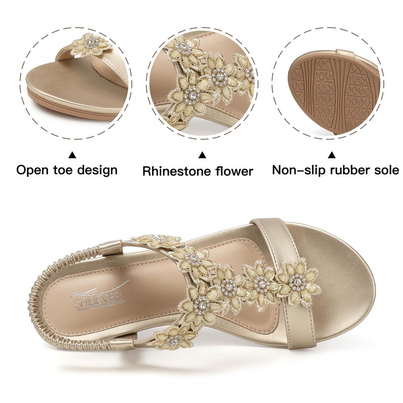 SHIBEVER Wedge Sandals for Women Dressy: Size 8 Summer Open Toe Dress Sandals - Comfortable Ankle Strap Low Wedges Womens Sandal Gold - Image 3