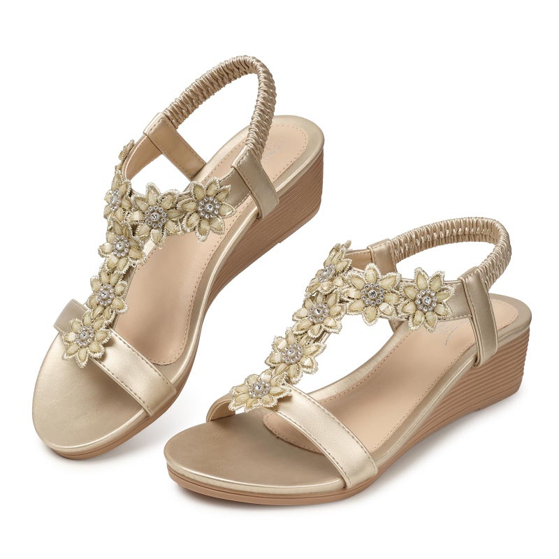 SHIBEVER Wedge Sandals for Women Dressy: Size 8 Summer Open Toe Dress Sandals - Comfortable Ankle Strap Low Wedges Womens Sandal Gold - Image 1