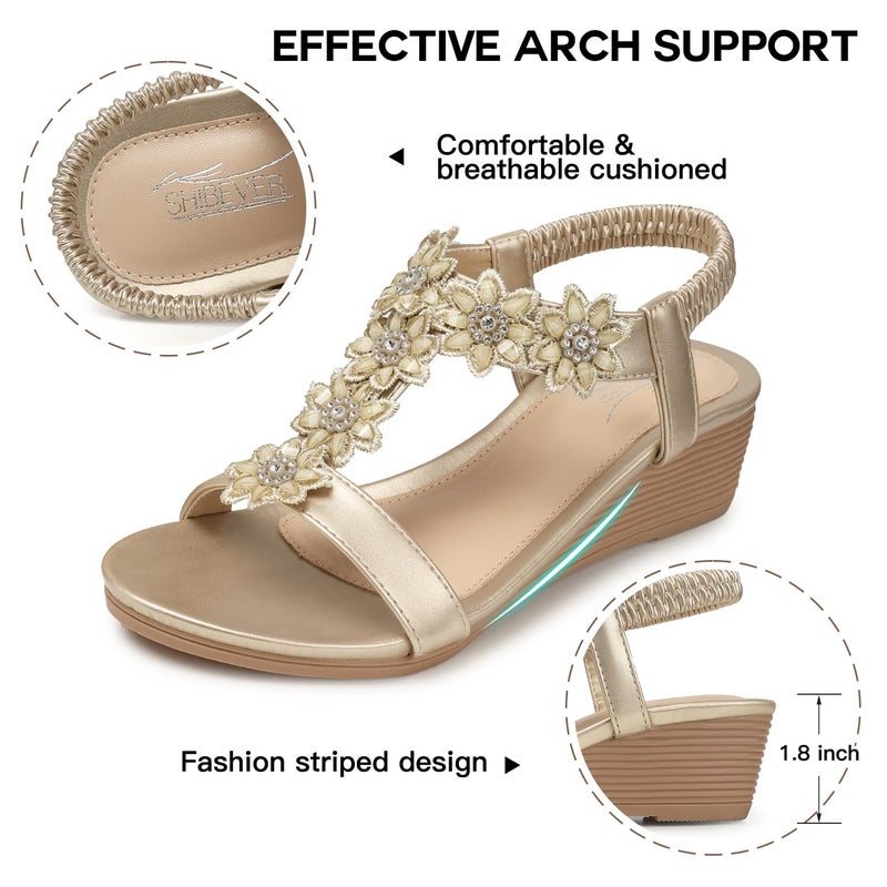 SHIBEVER Wedge Sandals for Women Dressy: Size 8 Summer Open Toe Dress Sandals - Comfortable Ankle Strap Low Wedges Womens Sandal Gold - Image 4