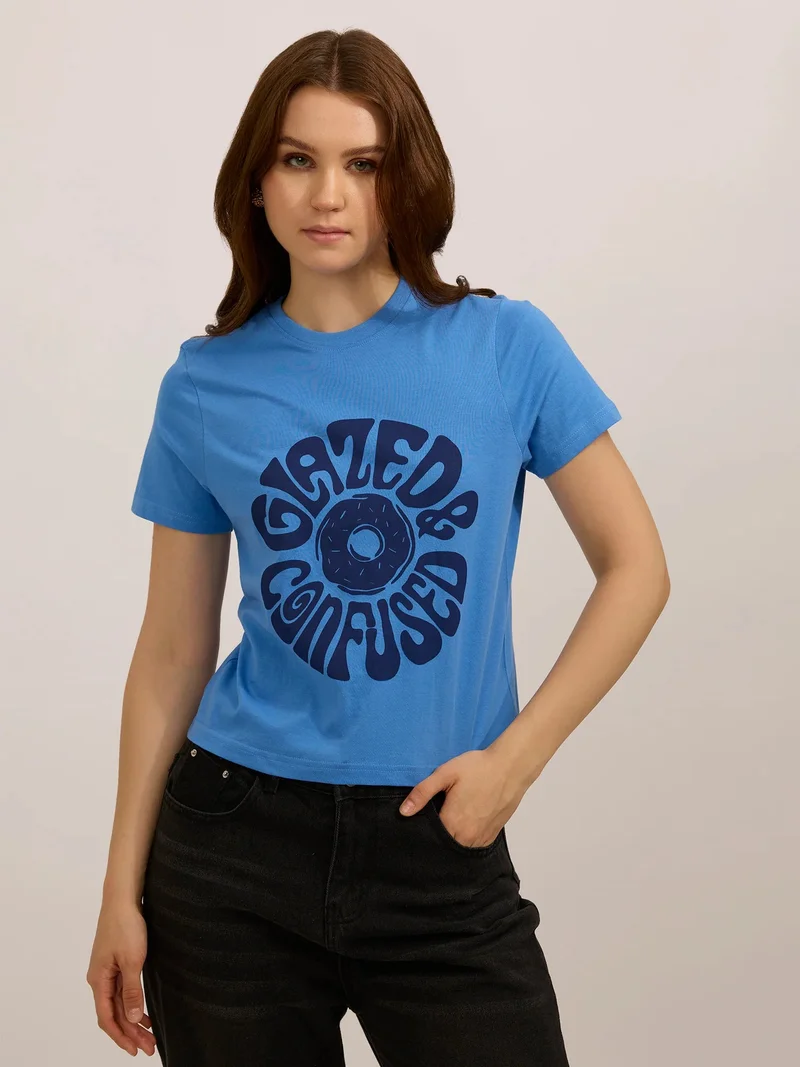 OUTZIDR Light Blue Graphic Regular T-Shirt