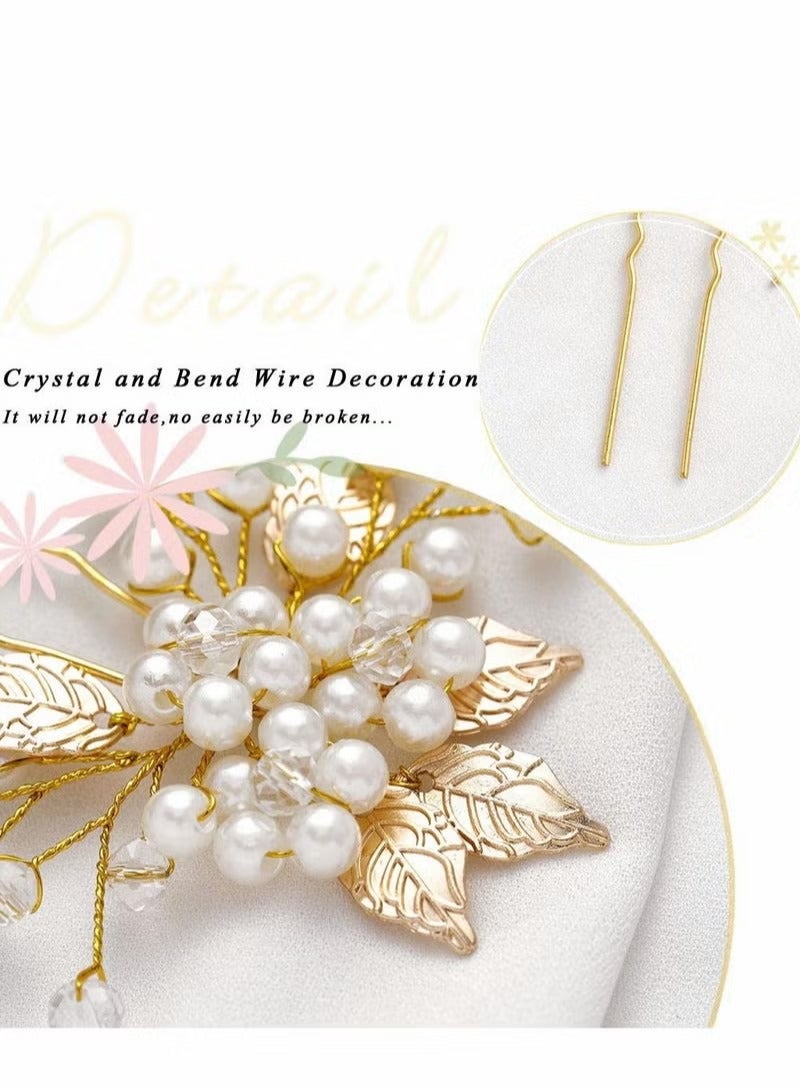 Pearl Bride Wedding Hair Pins, 3Pcs Leaf Bridal Head Piece Flower Hair Accessories for Women and Girls - Image 3
