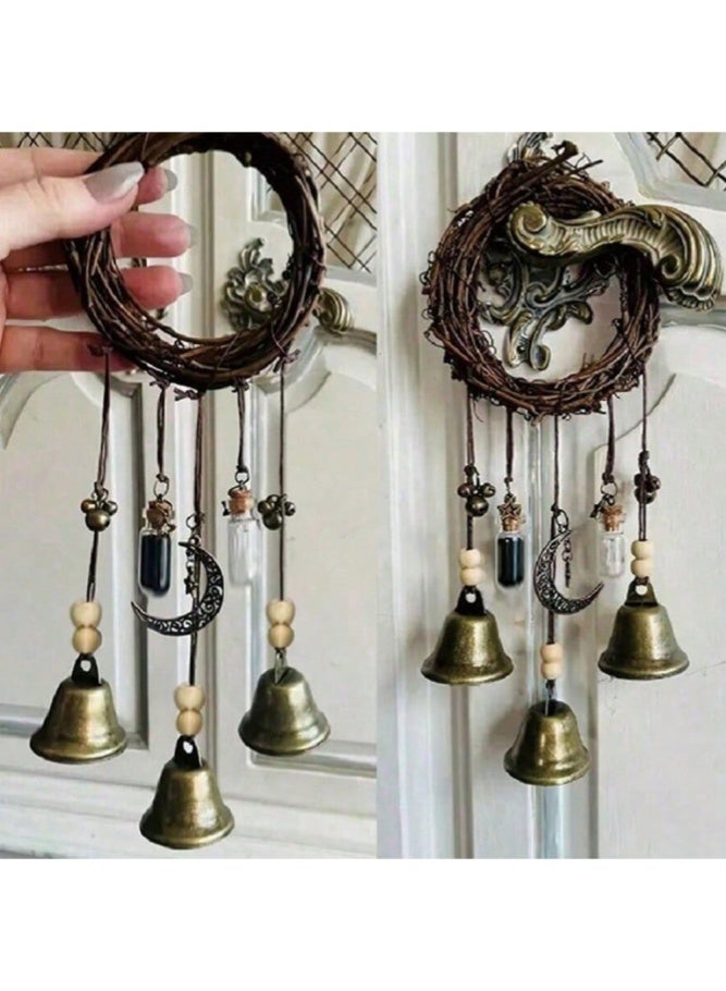 MAIDI Handmade Witch Bells for Door Protection - Vintage Rattan Hanging Wind Chimes - Boho Star & Moon Door Handle Ornaments for Home Decor & Good Luck Gift - Image 2