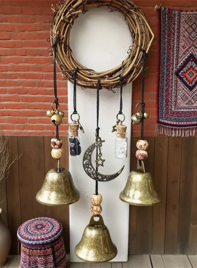 MAIDI Handmade Witch Bells for Door Protection - Vintage Rattan Hanging Wind Chimes - Boho Star & Moon Door Handle Ornaments for Home Decor & Good Luck Gift - Image 1