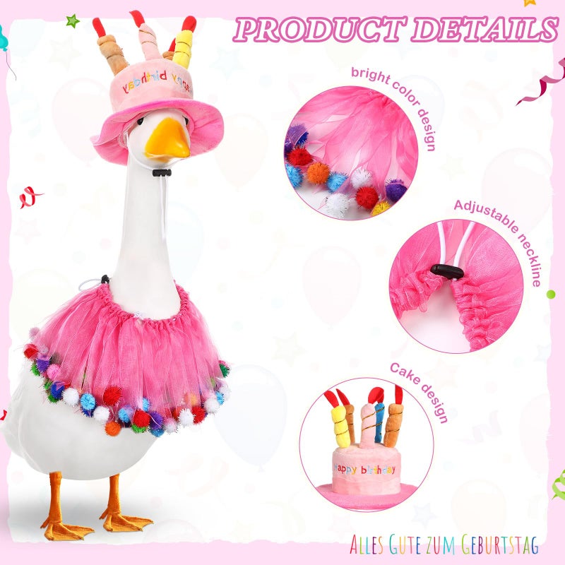 Aliceset Happy Birthday Porch Goose Outfit Lawn Goose Clothes Hat and Tutu Collar Goose Outfits for 23" Cement/Plastic Porch Goose Outdoor Statue Patio Yard Lawn Art (Pink) - Image 3