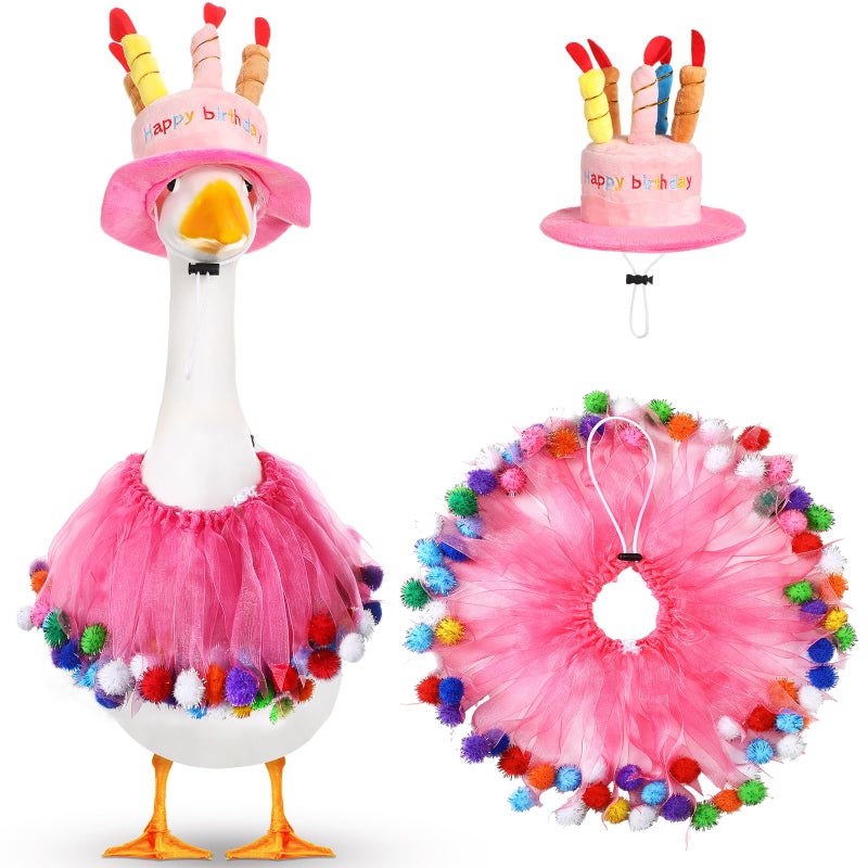 Aliceset Happy Birthday Porch Goose Outfit Lawn Goose Clothes Hat and Tutu Collar Goose Outfits for 23" Cement/Plastic Porch Goose Outdoor Statue Patio Yard Lawn Art (Pink) - Image 1