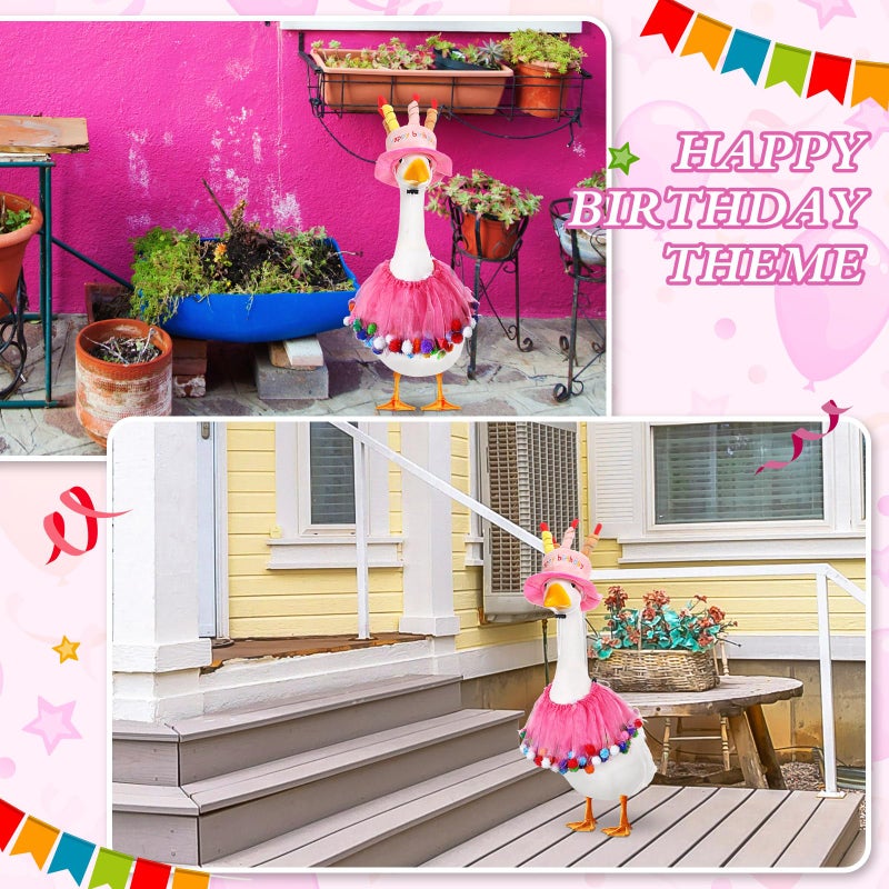 Aliceset Happy Birthday Porch Goose Outfit Lawn Goose Clothes Hat and Tutu Collar Goose Outfits for 23" Cement/Plastic Porch Goose Outdoor Statue Patio Yard Lawn Art (Pink) - Image 5