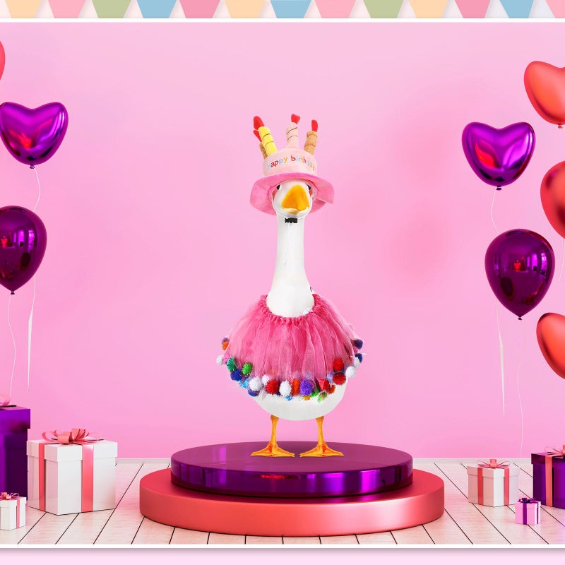 Aliceset Happy Birthday Porch Goose Outfit Lawn Goose Clothes Hat and Tutu Collar Goose Outfits for 23" Cement/Plastic Porch Goose Outdoor Statue Patio Yard Lawn Art (Pink) - Image 4