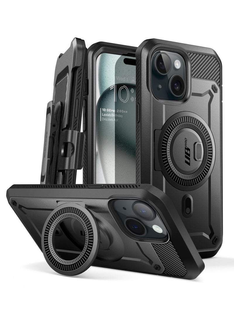 SupCase iPhone 15 6.1 inch Compatible with MagSafe Full Body Rugged Case with Built In Screen Protector and Kickstand and Belt Clip Black - Image 1