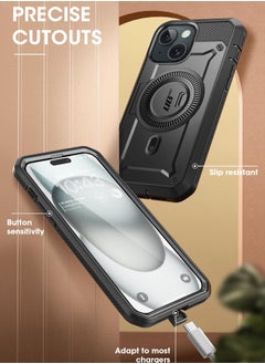 SupCase iPhone 15 6.1 inch Compatible with MagSafe Full Body Rugged Case with Built In Screen Protector and Kickstand and Belt Clip Black  - Image 4