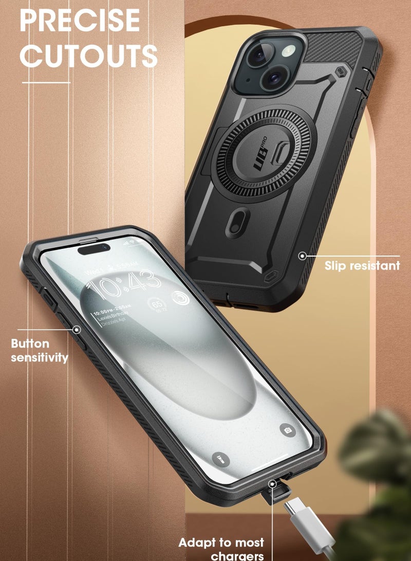 SupCase iPhone 15 6.1 inch Compatible with MagSafe Full Body Rugged Case with Built In Screen Protector and Kickstand and Belt Clip Black - Image 4