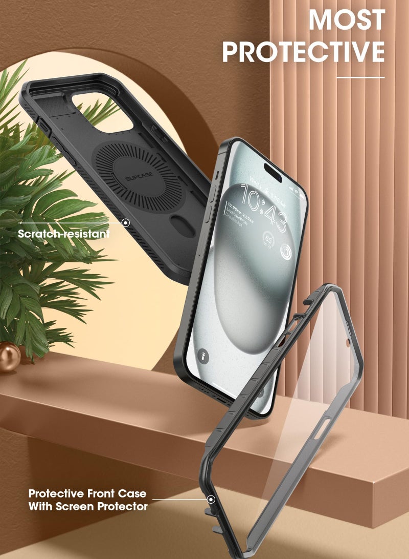 SupCase iPhone 15 6.1 inch Compatible with MagSafe Full Body Rugged Case with Built In Screen Protector and Kickstand and Belt Clip Black - Image 3