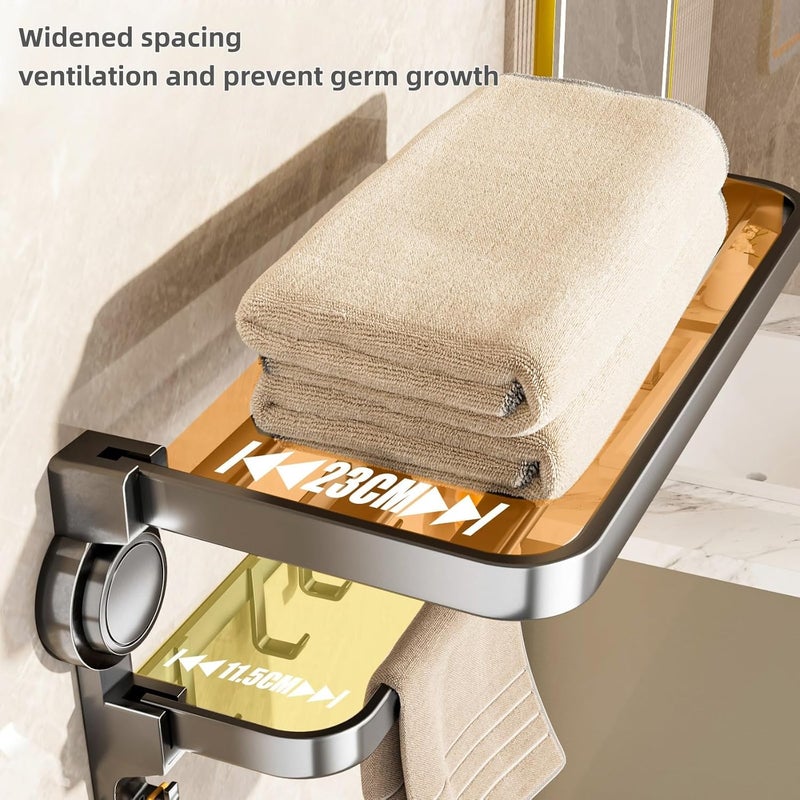 Matte Black Suction Cup Towel Shelf, 40cm Foldable No-Drill Towel Rack, Heavy Duty Wall-Mounted Organizer with Bar & 7 Hooks for Bathroom & Kitchen - Image 2