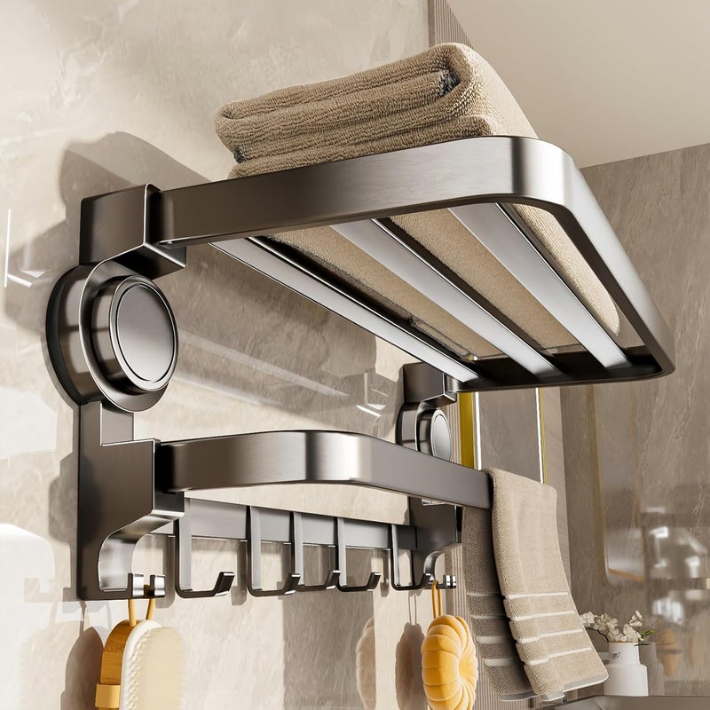 Matte Black Suction Cup Towel Shelf, 40cm Foldable No-Drill Towel Rack, Heavy Duty Wall-Mounted Organizer with Bar & 7 Hooks for Bathroom & Kitchen - Image 1