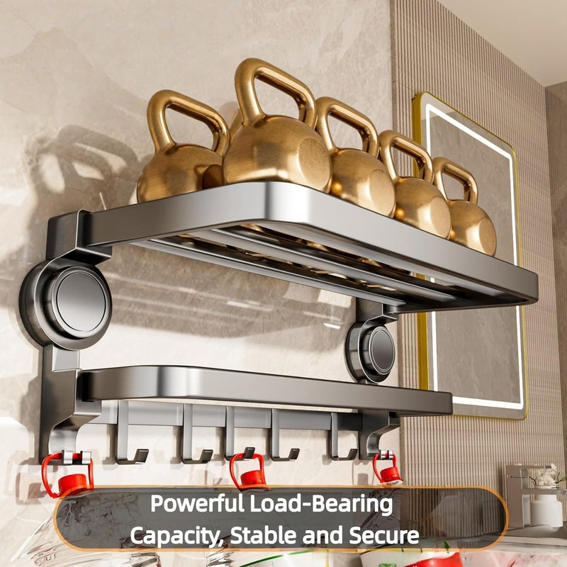 Matte Black Suction Cup Towel Shelf, 40cm Foldable No-Drill Towel Rack, Heavy Duty Wall-Mounted Organizer with Bar & 7 Hooks for Bathroom & Kitchen - Image 3