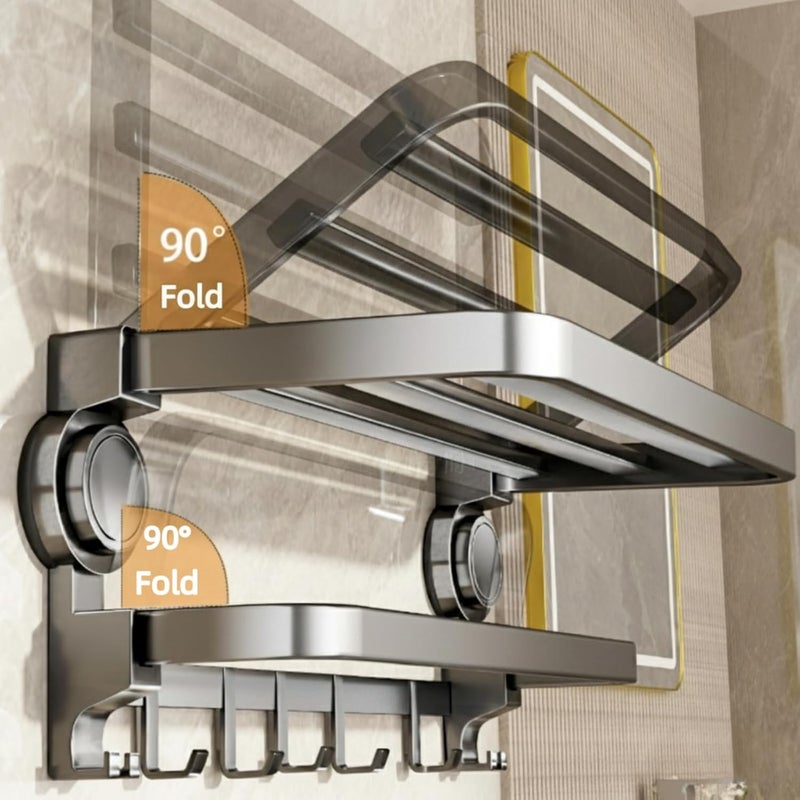 Matte Black Suction Cup Towel Shelf, 40cm Foldable No-Drill Towel Rack, Heavy Duty Wall-Mounted Organizer with Bar & 7 Hooks for Bathroom & Kitchen - Image 5