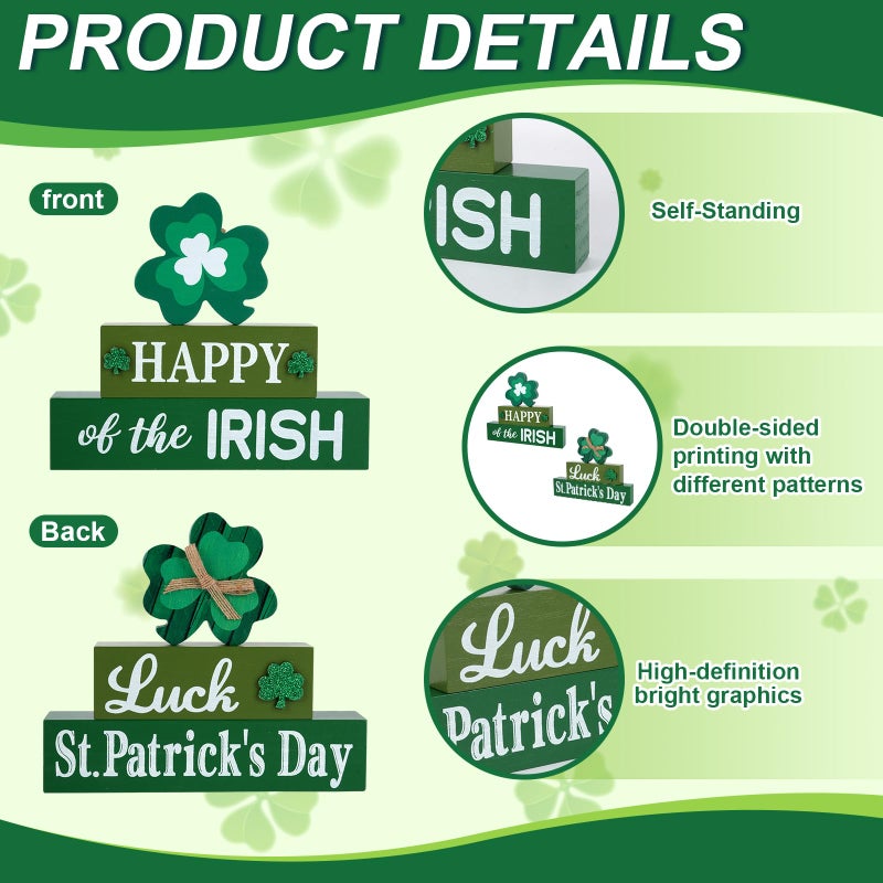 Sophena Wooden St. Patrick? Day Decorations LUCK Table Sign Happy of the IRISH Reversible Table Centerpieces Standing Tabletop Decor Tiered Tray Decor Rustic Blocks Double-sided Different pattern Farmhouse - Image 2