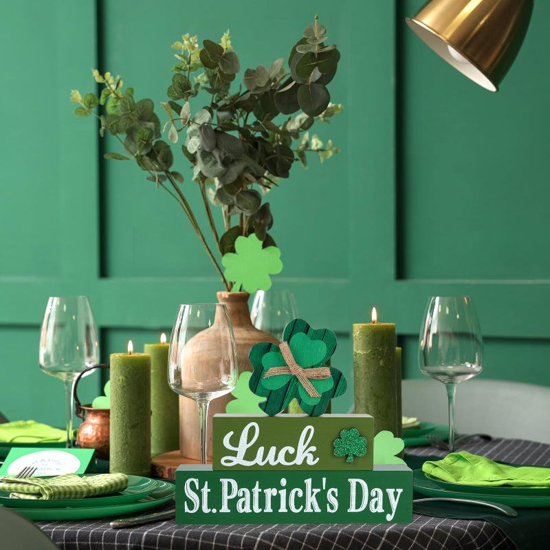 Sophena Wooden St. Patrick? Day Decorations LUCK Table Sign Happy of the IRISH Reversible Table Centerpieces Standing Tabletop Decor Tiered Tray Decor Rustic Blocks Double-sided Different pattern Farmhouse - Image 3