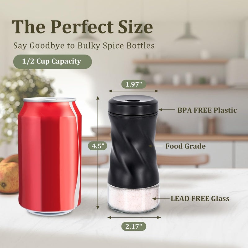 Neodaco Black Salt and Pepper Shakers with Adjustable Pour Hole by , Modern Glass Salt Shaker with Stainless Steel Lids for Kitchen Gadgets Table, RV, Ideal for Himalayan, Kosher, and Black Pepper - Image 5