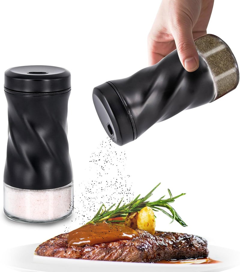 Neodaco Black Salt and Pepper Shakers with Adjustable Pour Hole by , Modern Glass Salt Shaker with Stainless Steel Lids for Kitchen Gadgets Table, RV, Ideal for Himalayan, Kosher, and Black Pepper - Image 1