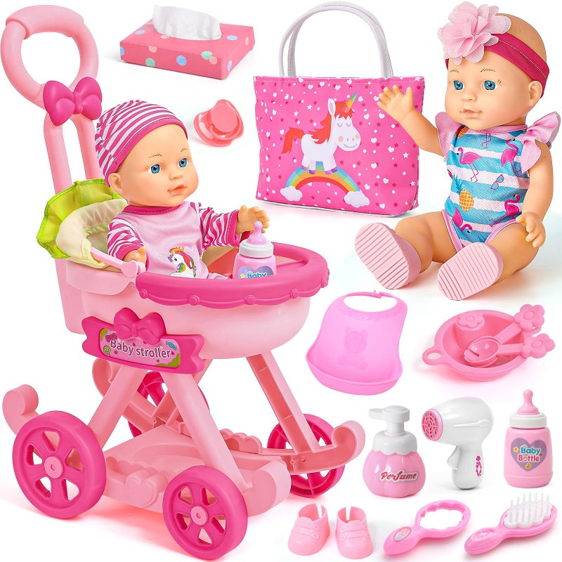 Golray Girl Baby Doll Stroller Toy Set with 12 Baby Doll 17pcs Baby Doll Accessories HandbagClothesSunshadeFeeding Nursery Pretend Play Toy Birthday Gift for Toddler Girls 3 4 5 6 7 Years Old - Image 3