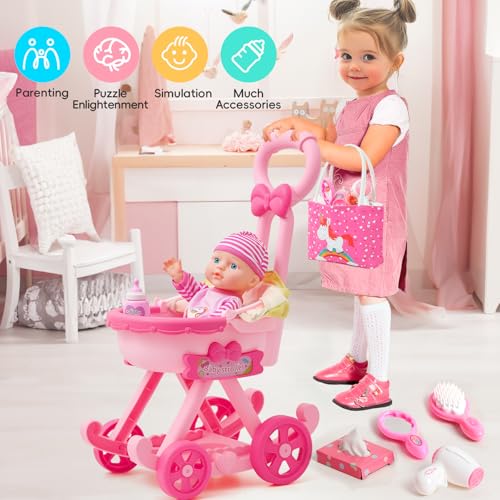 Golray Girl Baby Doll Stroller Toy Set with 12 Baby Doll 17pcs Baby Doll Accessories HandbagClothesSunshadeFeeding Nursery Pretend Play Toy Birthday Gift for Toddler Girls 3 4 5 6 7 Years Old - Image 5