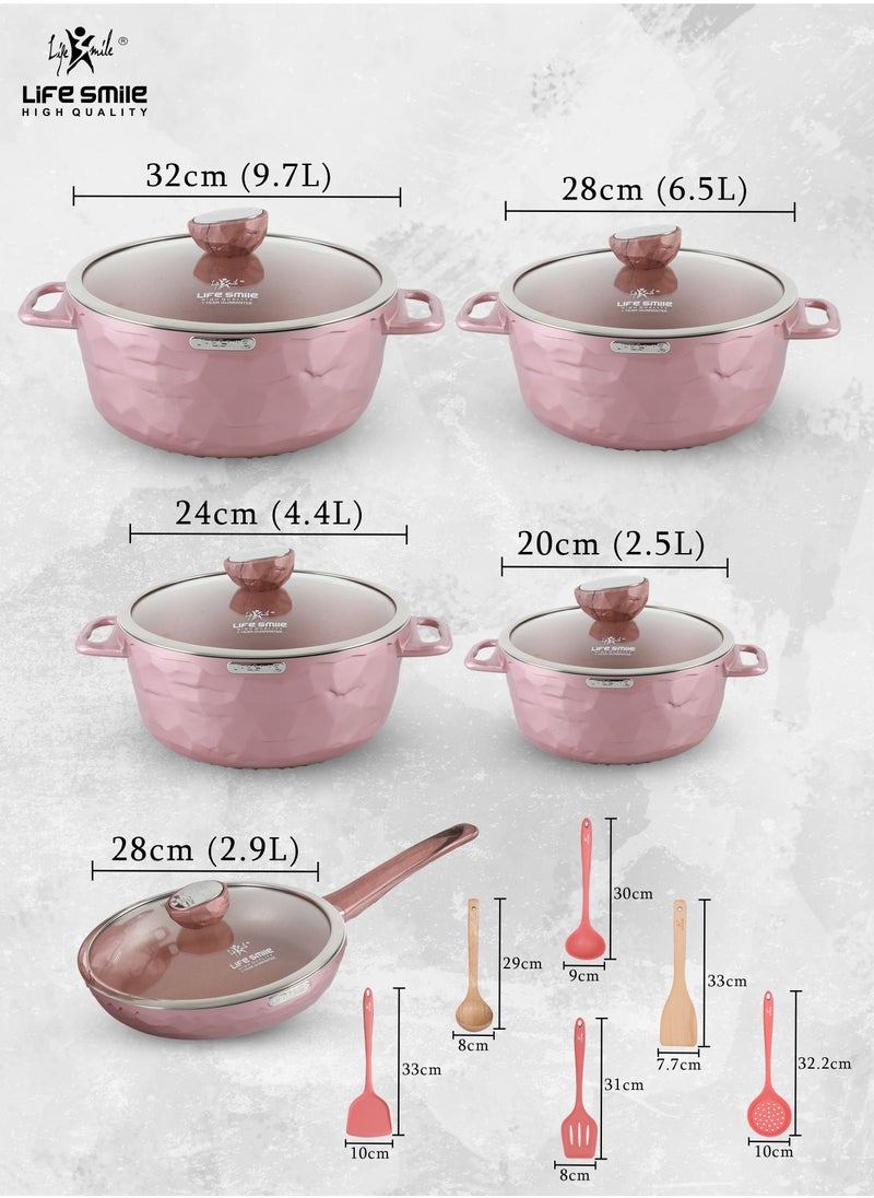 Life Smile - Nonstick Cookware Set 16 pcs -Induction Base Aluminum Cookwares -Granite Coated Cooking Pots & Pan Set Includes 20cm -(2.5L)Casserole with Lid, 24cm (4.4L)Casserole with Lid, 28cm(6.5L) Casserole with Lid, 32cm(9.7L) Casserole with Lid ,28cm (2.9L)Fry pan with Lid & 3pcs Nylon/3pcs Wooden Spoon Set-100% PFOA Free Cooking Set - Image 1