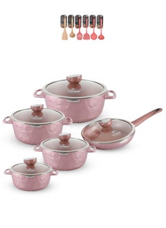 Nonstick Cookware Set 16 pcs -Induction Base Aluminum Cookwares -Granite Coated Cooking Pots & Pan Set Includes 20cm -(2.5L)Casserole with Lid, 24cm (4.4L)Casserole with Lid, 28cm(6.5L) Casserole with Lid, 32cm(9.7L) Casserole with Lid ,28cm (2.9L)Fry pan with Lid & 3pcs Nylon/3pcs Wooden Spoon Set-100% PFOA Free Cooking Set