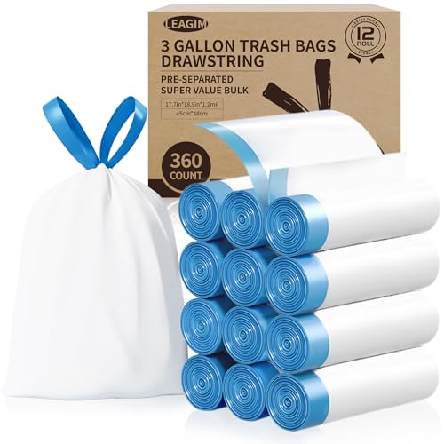 LEAGIM Small Trash Bags 3 Gallon, 360 Count -1.2 Mil Drawstring Mini Garbage Bags, White Plastic Trash Can Liners for Bathroom Accessories, 12 Liter, Bedroom, Dorm Room Essentials, Office - Image 1
