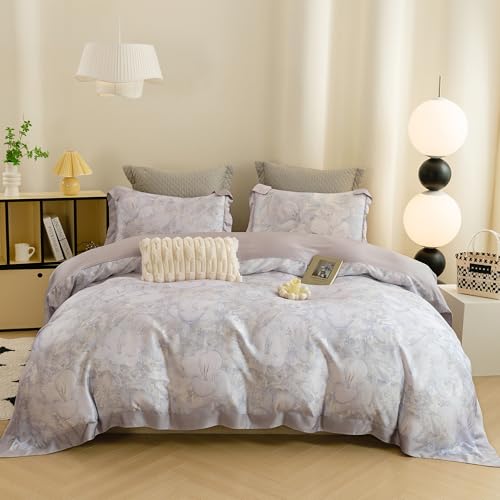 ECOCOTT Bedding 3Piece Duvet Cover Queen Size Silky Soft 100 Lyocell Hypoallergenic EcoFriendly Elegant Bloom Soft Purple Floral Pattern Cooling Breathable for Hot Sleepers - Image 1