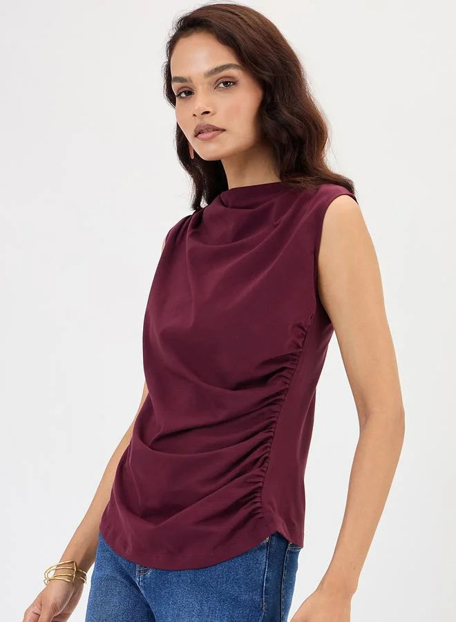 Femmella Wine Cotton Knit Ruching Detail Top