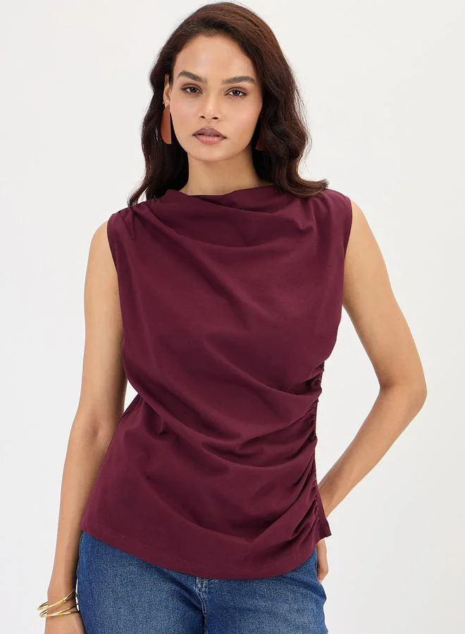 Femmella Wine Cotton Knit Ruching Detail Top