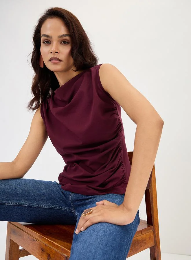 Femmella  Wine Cotton Knit Ruching Detail Top for Women | Best Price UAE