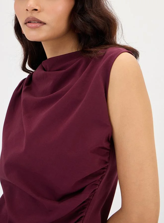 Femmella  Wine Cotton Knit Ruching Detail Top for Women | Best Price UAE