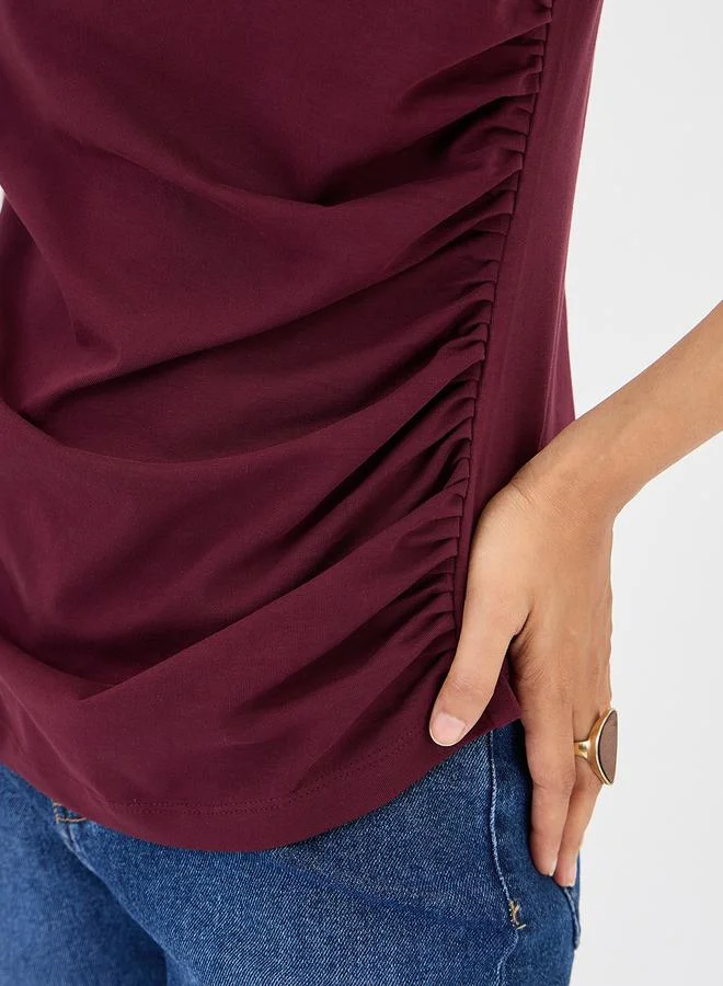 Femmella  Wine Cotton Knit Ruching Detail Top for Women | Best Price UAE