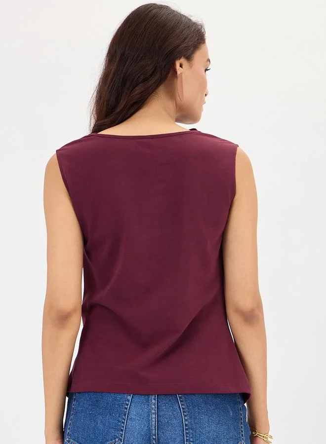 Femmella  Wine Cotton Knit Ruching Detail Top for Women | Best Price UAE