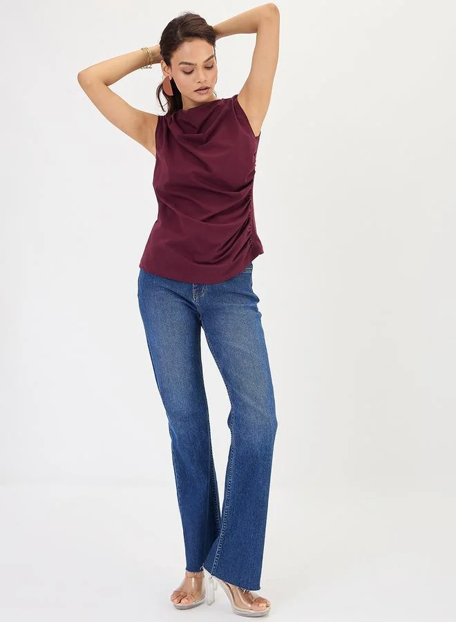 Femmella  Wine Cotton Knit Ruching Detail Top for Women | Best Price UAE