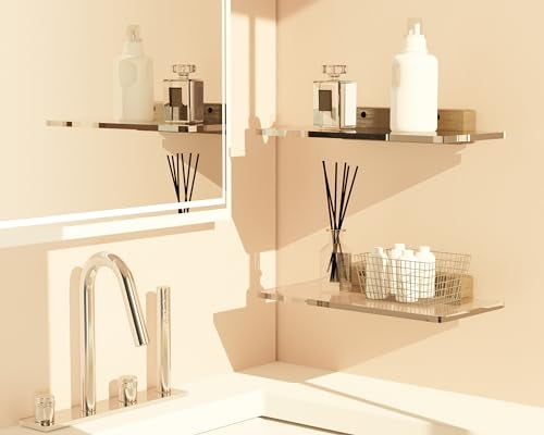 QsQueen Acrylic Floating Shelves with Solid Wood Base, Wall Mounted Shelf for Plants, Perfume, Nail Polish, Bathroom, Bedroom & Living Room Décor - Image 2