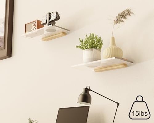 QsQueen Acrylic Floating Shelves with Solid Wood Base, Wall Mounted Shelf for Plants, Perfume, Nail Polish, Bathroom, Bedroom & Living Room Décor - Image 4