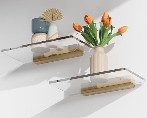 QsQueen Acrylic Floating Shelves with Solid Wood Base, Wall Mounted Shelf for Plants, Perfume, Nail Polish, Bathroom, Bedroom & Living Room Décor - Image 1