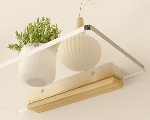 QsQueen Acrylic Floating Shelves with Solid Wood Base, Wall Mounted Shelf for Plants, Perfume, Nail Polish, Bathroom, Bedroom & Living Room Décor - Image 5