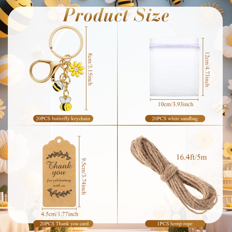 Ecation 20 Set Bee Sunflower Party Favor Keychains Keyring Gifts Set with Kraft Tag Organza Bag for Wedding Birthday(Classic) - Image 3