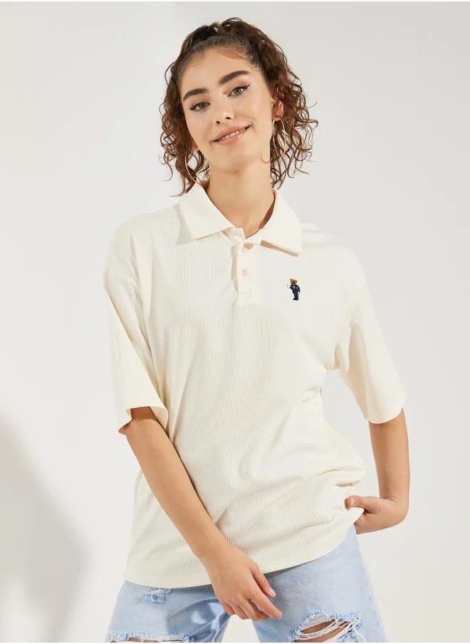 Styli Oversized Ribbed Bear Patch Polo T-Shirt
